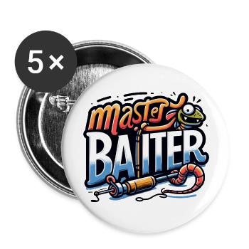 Humorvolles "Master Baiter" T-Shirt mit Angelmotiv - Buttons groß 56 mm (5er Pack) - Weiß - Vorne