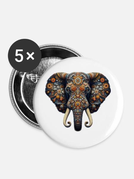 Im Mosaik-Stil verzierter Elefant - Buttons groß 56 mm (5er Pack) - Weiß