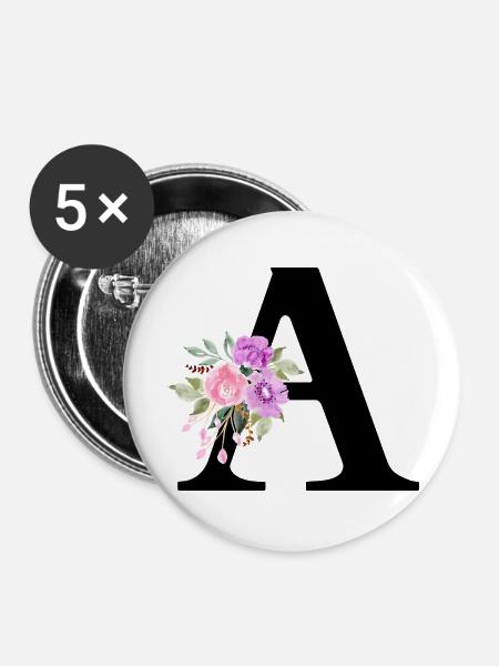 Lila Blumenbuchstabe - Buttons groß 56 mm (5er Pack) - Weiß