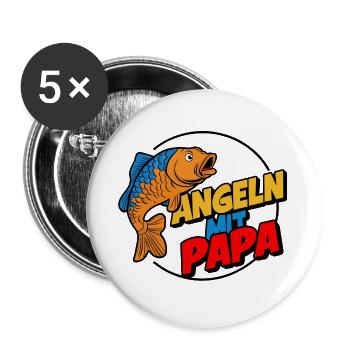 Angeln mit Papa mit buntem Fischdesign - Buttons groß 56 mm (5er Pack) - Weiß - Vorne