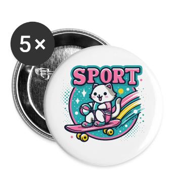 Cat Sports: Skateboard Pet Design Sport Cat - Buttons large 2.2''/56 mm (5-pack) - white - Front