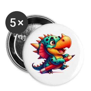 Kawaii Dino mit Bleistift Süßer Dinosaurier Kind - Buttons groß 56 mm (5er Pack) - Weiß - Vorne
