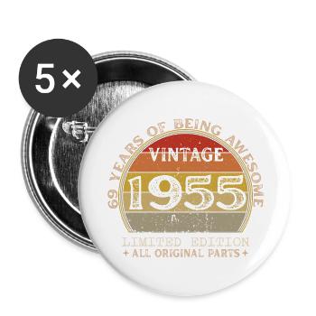 Jahrgang 1955 - Jahrgang 1955 Retro Geburtstag - Buttons groß 56 mm (5er Pack) - Weiß - Vorne