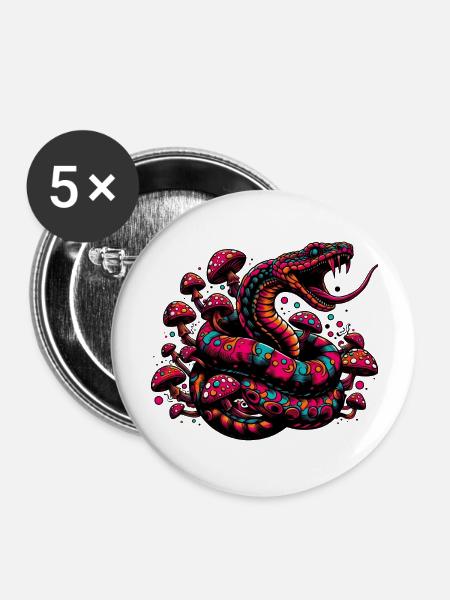 Psychedelische Schlange mit Pilzen - Buttons groß 56 mm (5er Pack) - Weiß