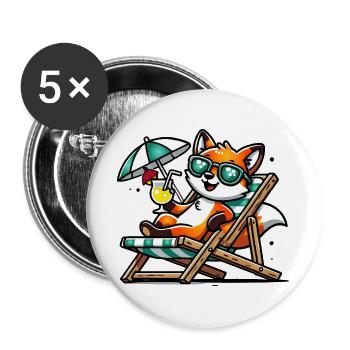 Cheerful cartoon fox on the beach on a lounger - Buttons large 2.2''/56 mm (5-pack) - white - Front