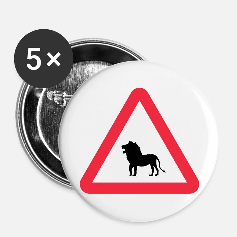 Achtung Löwen-Warnung - Buttons groß 56 mm (5er Pack) - Weiß