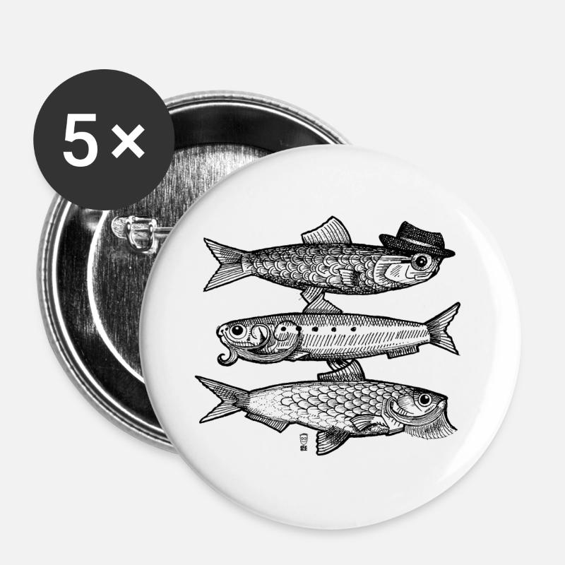 3 Fische - Buttons groß 56 mm (5er Pack) - Weiß