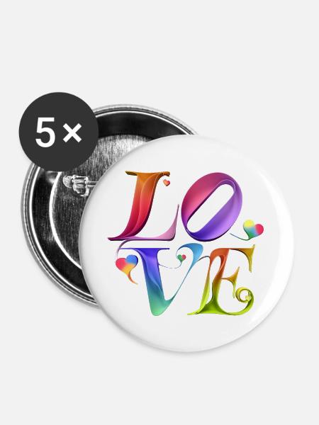 Bunte Herzensliebe Schriftkunst - Buttons groß 56 mm (5er Pack) - Weiß