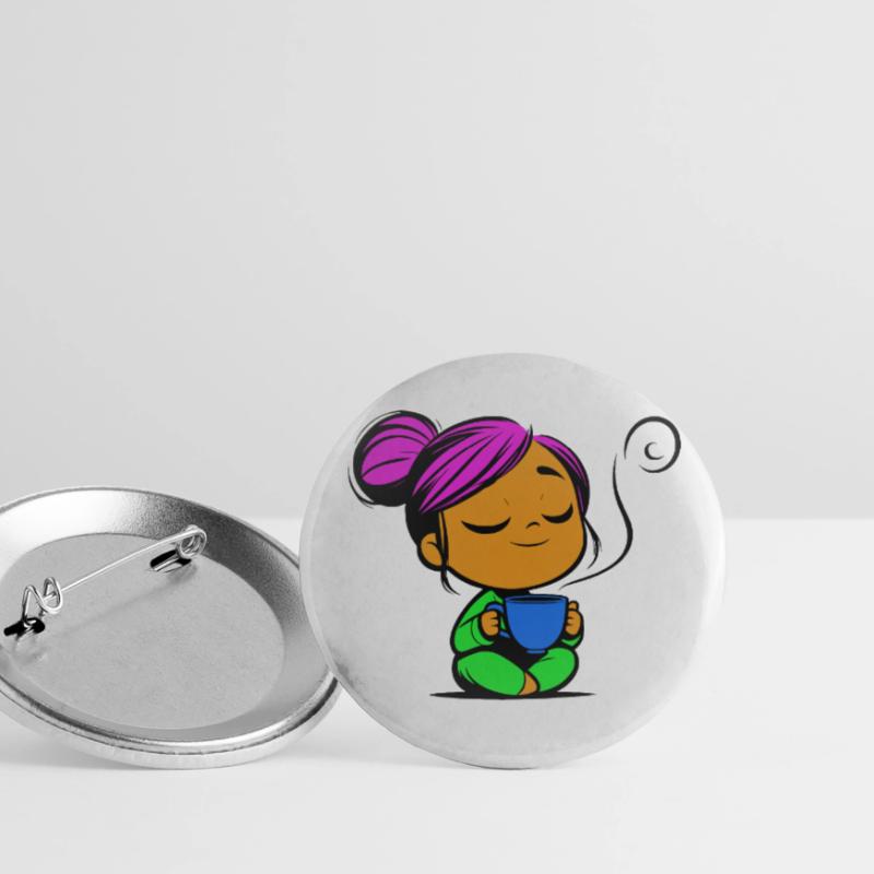 Tassmine enspannt mit einer Tasse Tee oder Kaffee Buttons groß 56 mm (5er Pack)