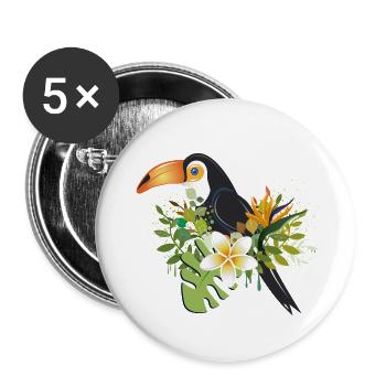 Toucan avec des fleurs tropicales - Design d’oiseau exotique - Lot de 5 grands badges (56 mm) - blanc - Devant