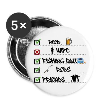 Checkliste für Prioritäten beim Angeln Lustiger Fischer - Buttons groß 56 mm (5er Pack) - Weiß - Vorne