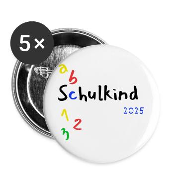Schulkind ABC 123 mit Jahr 2025 - Buttons groß 56 mm (5er Pack) - Weiß - Vorne