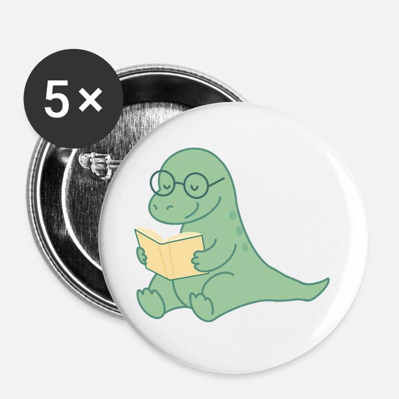 Read Dino with glasses – sweet book lover - Buttons large 2.2''/56 mm (5-pack) - white