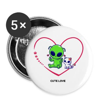 Cute Alien with Cat Heart Motif - Buttons large 2.2''/56 mm (5-pack) - white - Front