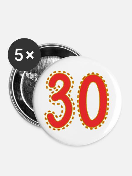 Nummer 30 auf farbigem Blattpapier - Buttons groß 56 mm (5er Pack) - Weiß