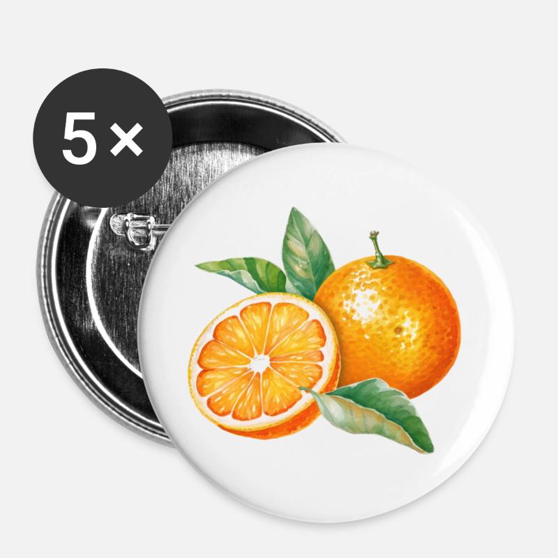 Wasserfarbene Orangenfrüchte mit Blättern - Buttons groß 56 mm (5er Pack) - Weiß