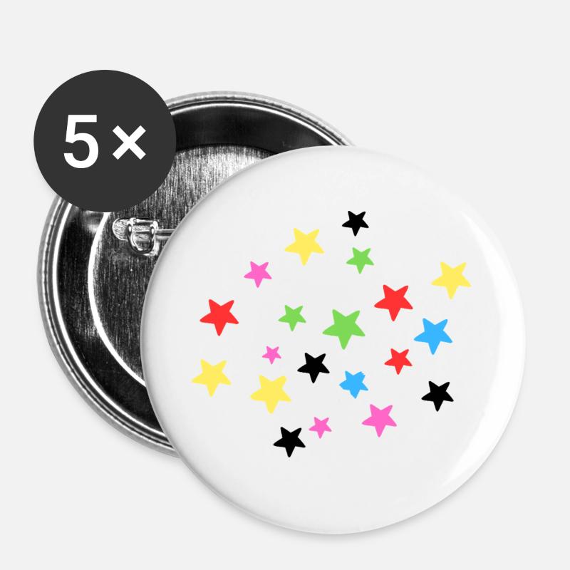 Bunte Sternenexplosion auf Stoff - Buttons groß 56 mm (5er Pack) - Weiß