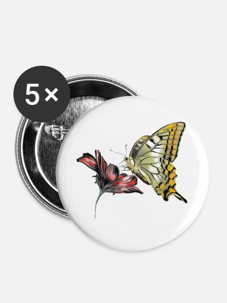 Schmetterling an Blüte - Buttons groß 56 mm (5er Pack) - Weiß
