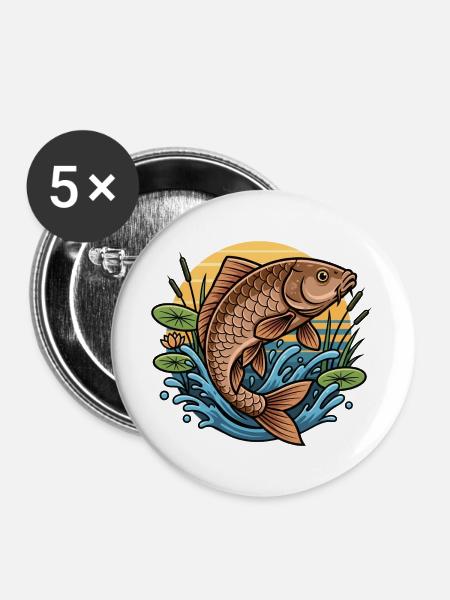 Karpfen Angeln Fischen - Buttons groß 56 mm (5er Pack) - Weiß
