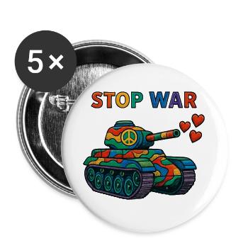 Regenbogen Panzer mit Peace-Zeichen – STOP WAR - Buttons groß 56 mm (5er Pack) - Weiß - Vorne