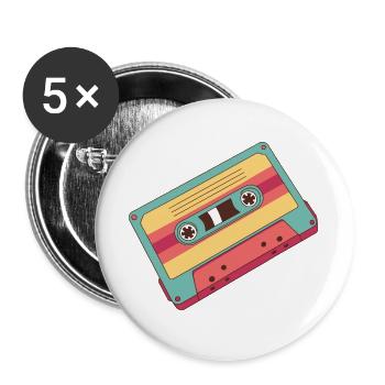 Bunte Retro Kassette aus den 80er Jahren - Buttons groß 56 mm (5er Pack) - Weiß - Vorne