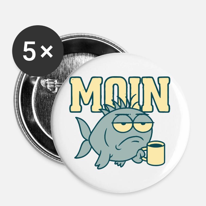 Moin Müder Hai mit Kaffee - Buttons groß 56 mm (5er Pack) - Weiß