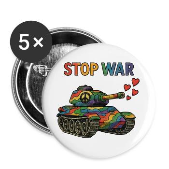 Regenbogen Panzer mit Peace-Zeichen – STOP WAR - Buttons groß 56 mm (5er Pack) - Weiß - Vorne