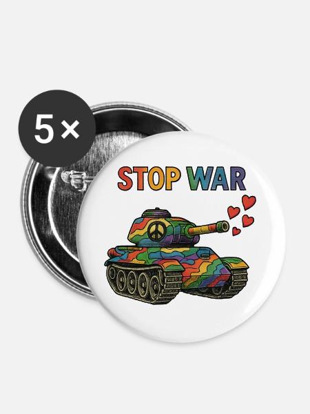 Regenbogen Panzer mit Peace-Zeichen – STOP WAR - Buttons groß 56 mm (5er Pack) - Weiß
