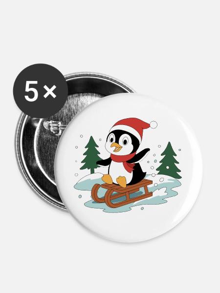 Pinguin Pino auf Schlitten - Buttons groß 56 mm (5er Pack) - Weiß