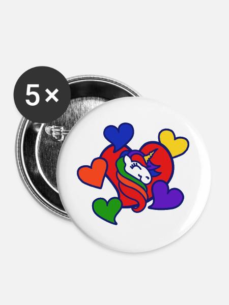 Regenbogenherz-Einhorn - Buttons groß 56 mm (5er Pack) - Weiß