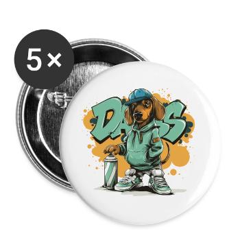 Graffiti Hund mit Hoodie - Buttons groß 56 mm (5er Pack) - Weiß - Vorne