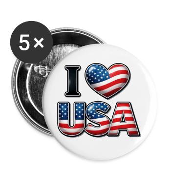 I Love USA – Patriotische Botschaft Emblem-Flagge - Buttons groß 56 mm (5er Pack) - Weiß - Vorne