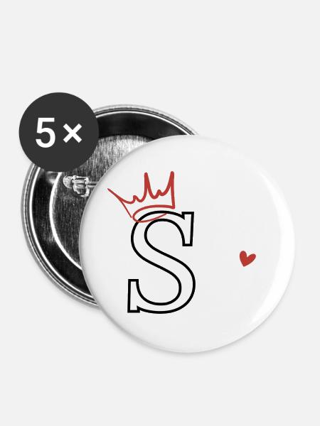 Buchstabe s Kronenherz - Buttons groß 56 mm (5er Pack) - Weiß