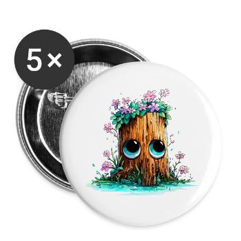 Waldstumpf mit Blütenaugen - Buttons groß 56 mm (5er Pack) - Weiß - Vorne