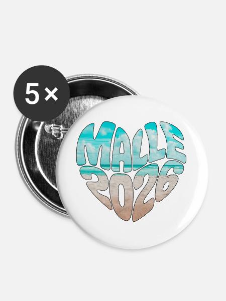 Mallorca Malle 2026 Herz (Version Meer Strand) - Buttons groß 56 mm (5er Pack) - Weiß