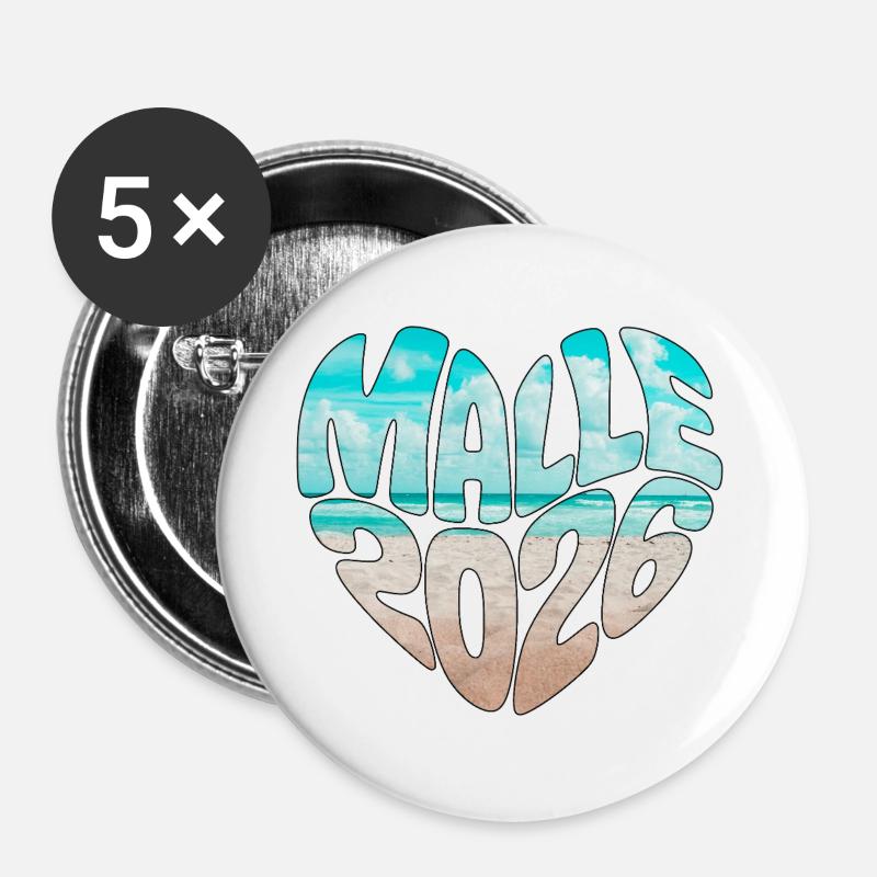 Mallorca Malle 2026 Herz (Version Meer Strand) - Buttons groß 56 mm (5er Pack) - Weiß