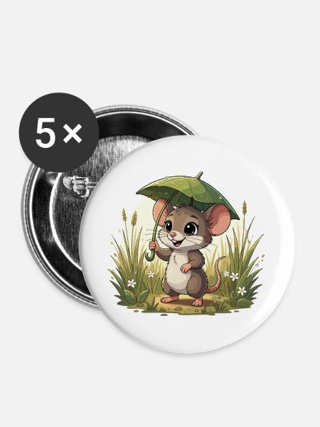 Kleines Mäuschen mit Schirm im Gras - Buttons groß 56 mm (5er Pack) - Weiß