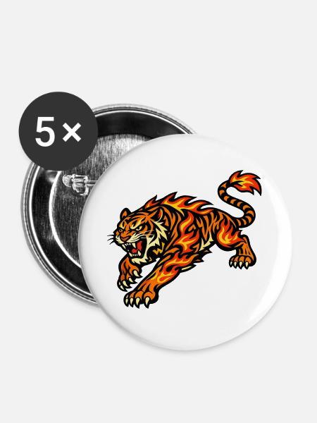 Feuertiger – Tier aus Flammen - Buttons groß 56 mm (5er Pack) - Weiß
