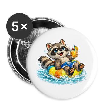 Waschbär im Schwimmring mit Cocktail  Beschreibung - Buttons groß 56 mm (5er Pack) - Weiß - Vorne