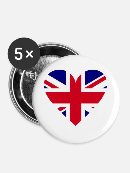 Herzflagge Großbritannien - Buttons groß 56 mm (5er Pack) - Weiß