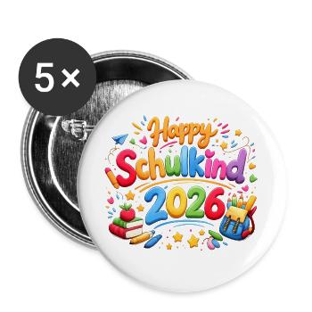 Happy Schulkind 2026 Einschulung Geschenk - Buttons groß 56 mm (5er Pack) - Weiß - Vorne