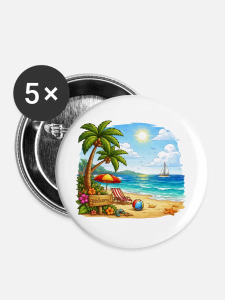 Willkommen am Tropenstrand - Buttons groß 56 mm (5er Pack) - Weiß