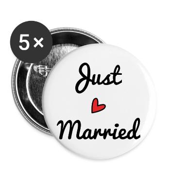 GERADE VERHEIRATET. Junggesellinnenabschied. VALENTINSTAG. PAAR - Buttons groß 56 mm (5er Pack) - Weiß - Vorne