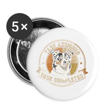 Aufgabe erledigt | Border Collie Badge - Buttons groß 56 mm (5er Pack) - Weiß - Vorne