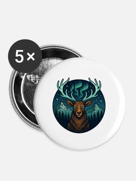 Nachtwald Hirsch mit Nordlicht-Geweih - Buttons groß 56 mm (5er Pack) - Weiß