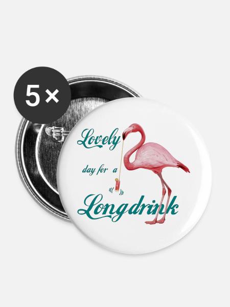 Flamingo mit Longdrink Retro - Buttons groß 56 mm (5er Pack) - Weiß