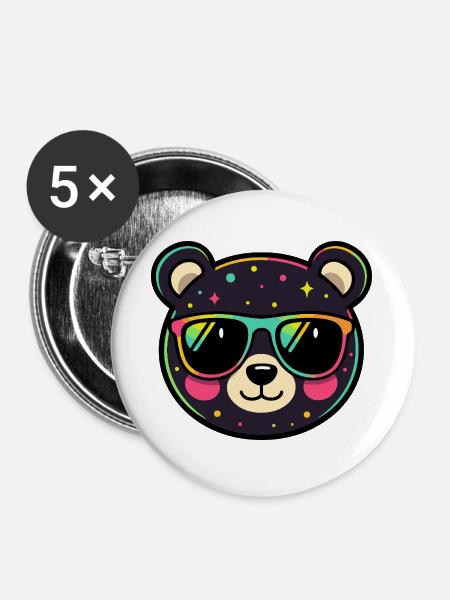 Polychromer Neon-Panda mit Brille - Buttons groß 56 mm (5er Pack) - Weiß