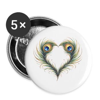 Pfauenfeder Herz Ornament Boho Geschenk - Buttons groß 56 mm (5er Pack) - Weiß - Vorne