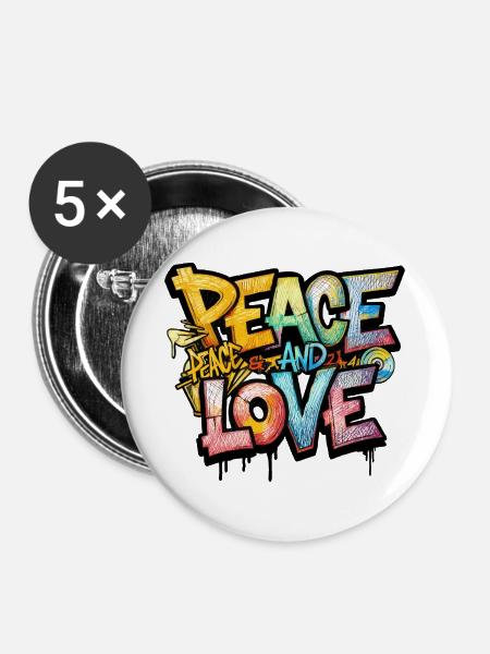 Peace and Love Graffiti - Buttons groß 56 mm (5er Pack) - Weiß