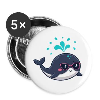 Niedlicher lächelnder Wal und rosa Brille - Buttons groß 56 mm (5er Pack) - Weiß - Vorne